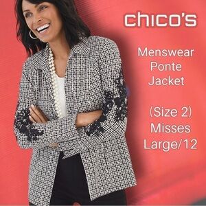 CHICO’S Ladies Menswear Ponte Jacket Misses 2 Size L 12 Women’s Lace Appliqué